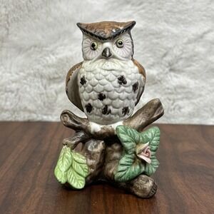 Owl Figurine Ceramic Porcelain Hand Painted Owl on Branch with Flower Decor